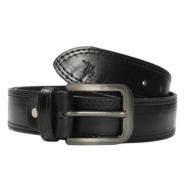 Mens Double Stitch Laminated Leather Belt-Black