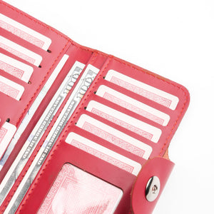 Tri-Fold Pure Leather Long Wallet With Button Closure-RED