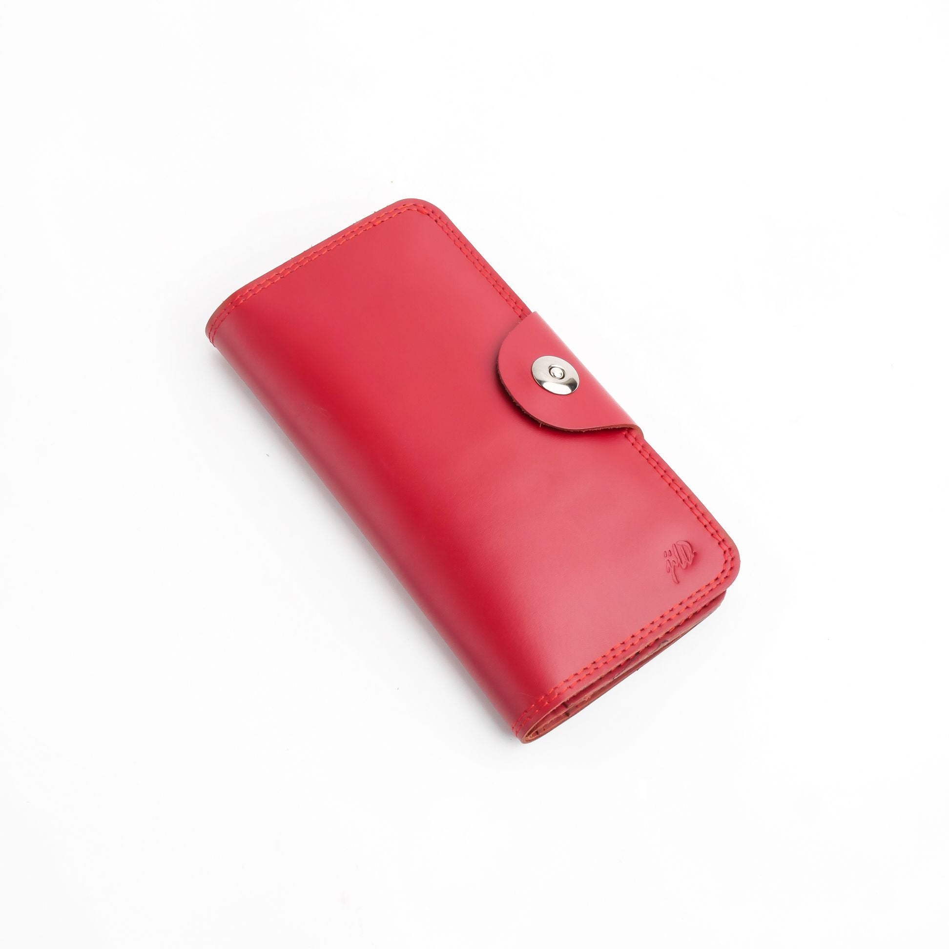 Tri-Fold Pure Leather Long Wallet With Button Closure-RED
