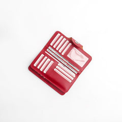 Tri-Fold Pure Leather Long Wallet With Button Closure-RED