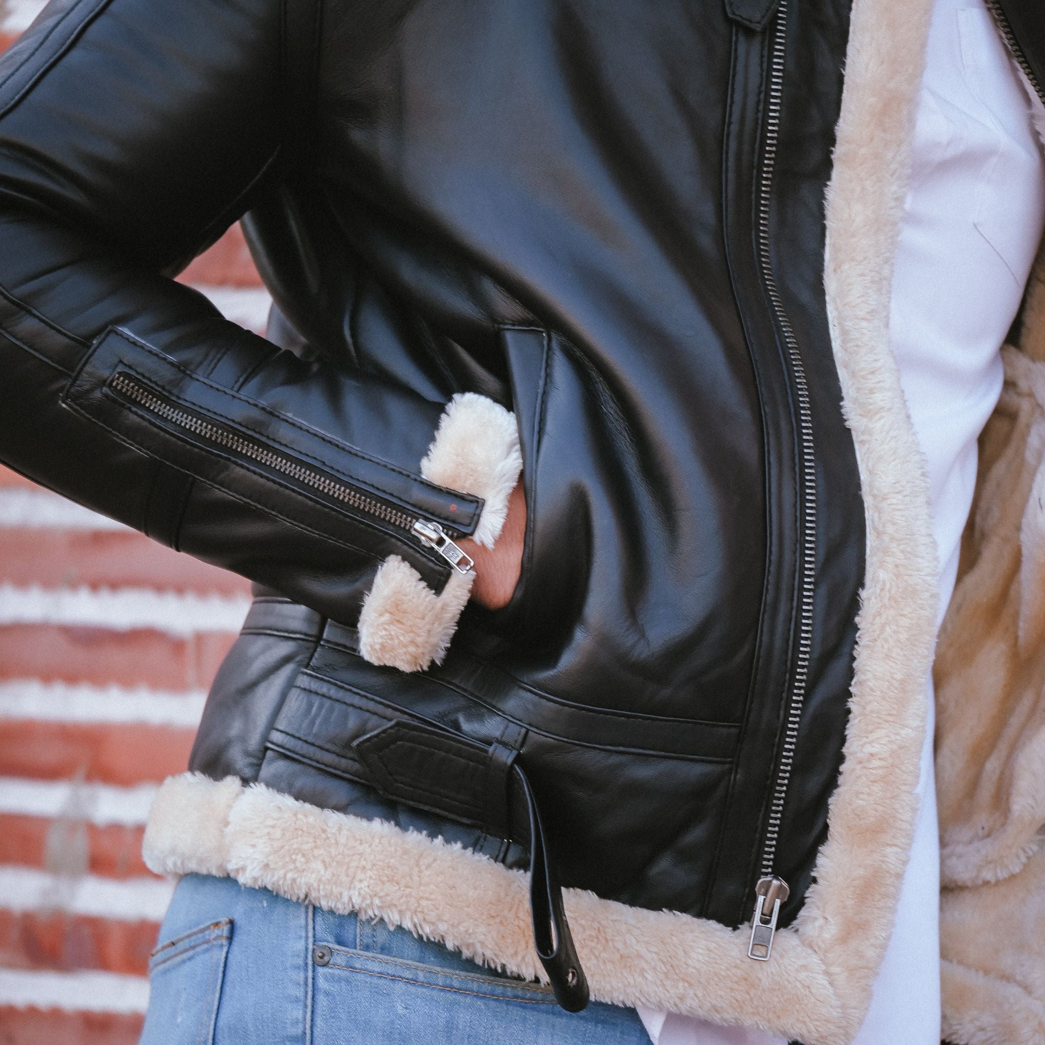 Premium Shearling Fur Leather Jacket-Black