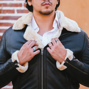 Premium Shearling Fur Leather Jacket-Black