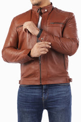 Men's Casual Signature Diamond Lambskin Leather Jacket-Tan
