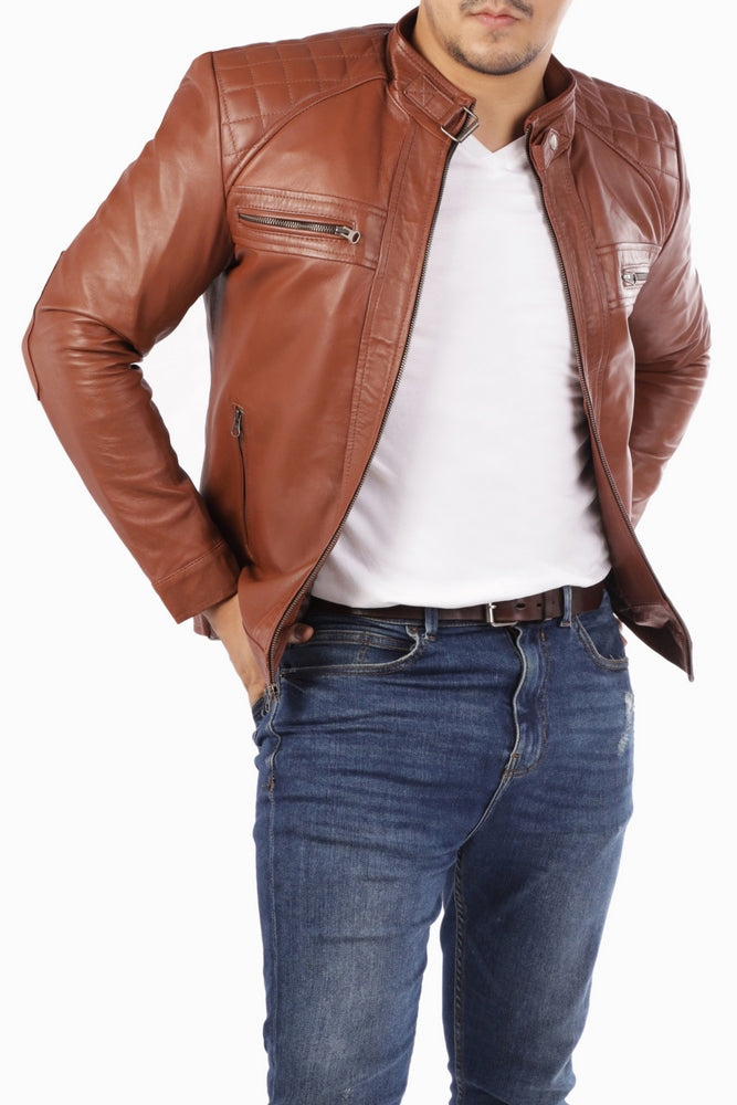 Men's Casual Signature Diamond Lambskin Leather Jacket-Tan