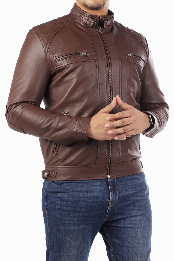 Men's Casual Signature Diamond Lambskin Leather Jacket-Brown