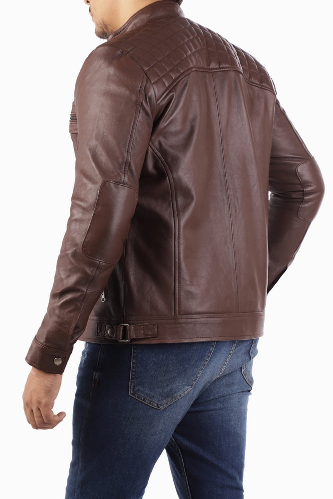 Men's Casual Signature Diamond Lambskin Leather Jacket-Brown