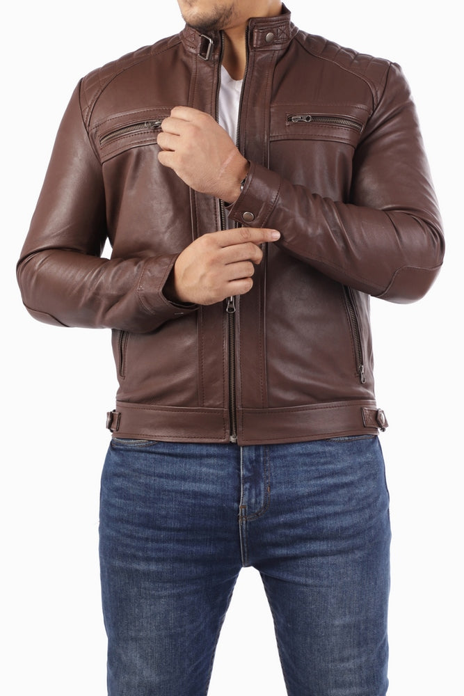Men's Casual Signature Diamond Lambskin Leather Jacket-Brown