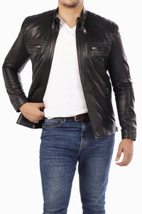 Men's Casual Signature Diamond Lambskin Leather Jacket-Black