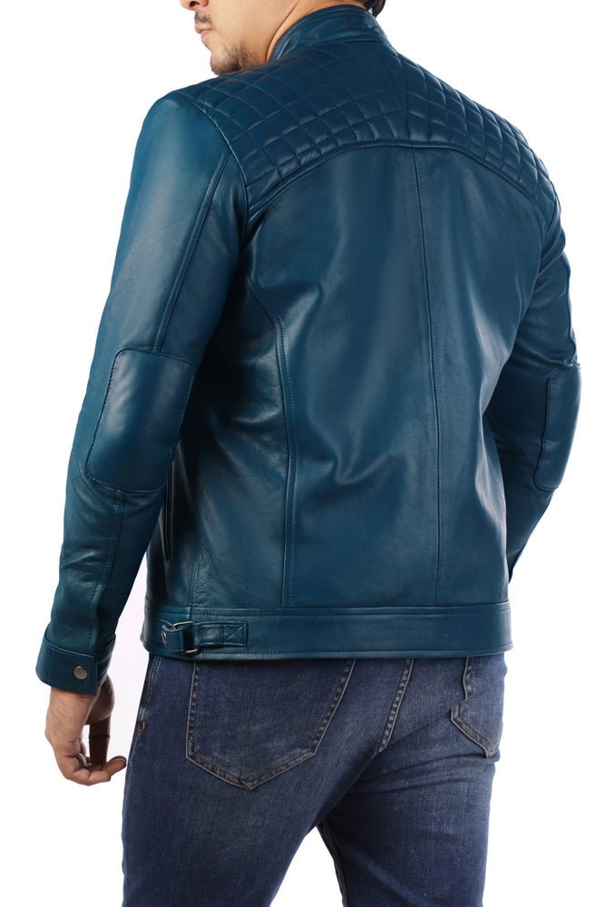 Men's Casual Signature Diamond Lambskin Leather Jacket-Blue