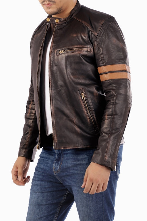 Cafe Racer Genuine Lambskin Leather Jacket-Brown