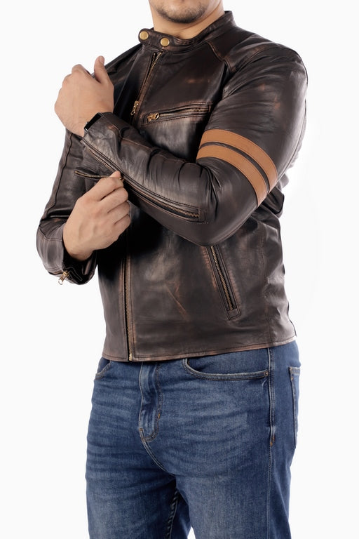 Cafe Racer Genuine Lambskin Leather Jacket-Brown