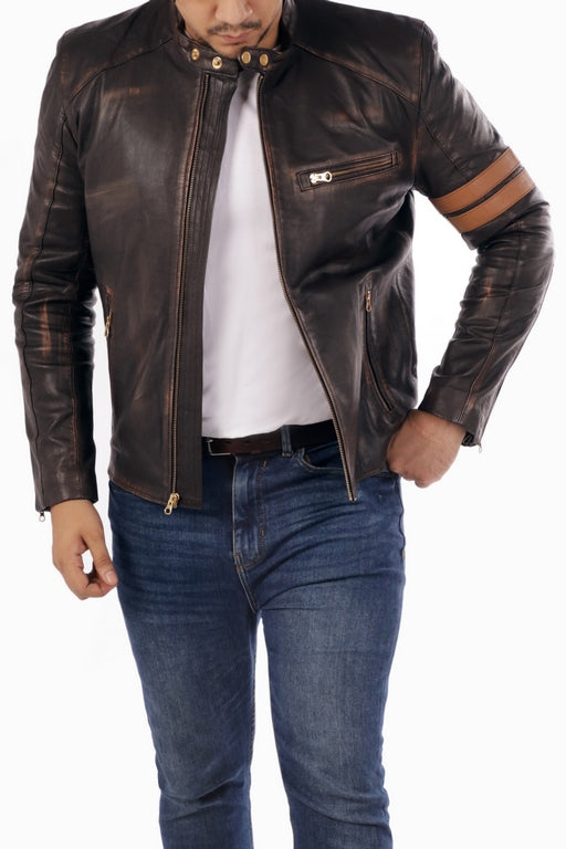 Cafe Racer Genuine Lambskin Leather Jacket-Brown