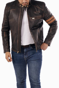 Cafe Racer Genuine Lambskin Leather Jacket-Brown