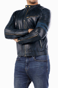 Cafe Racer Genuine Lambskin Leather Jacket-Blue