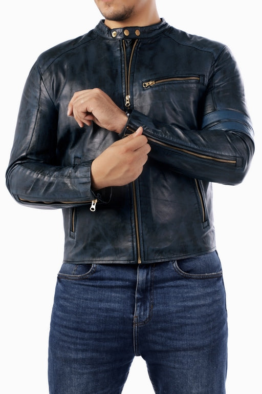 Cafe Racer Genuine Lambskin Leather Jacket-Blue
