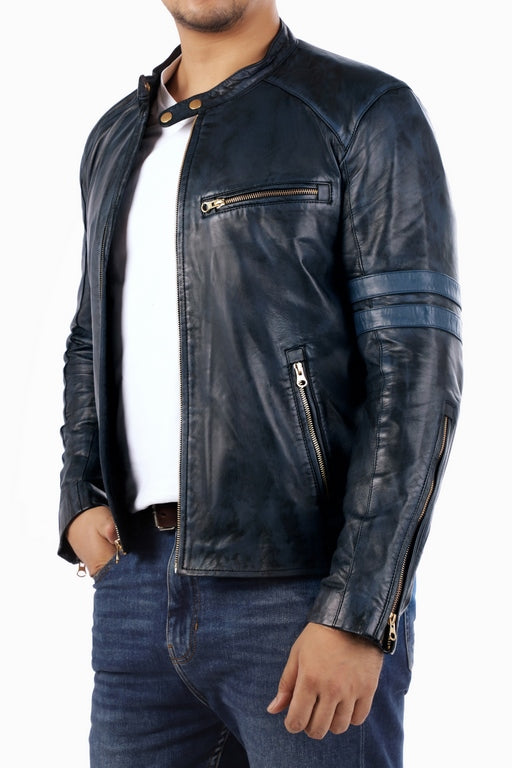 Cafe Racer Genuine Lambskin Leather Jacket Blue Jild