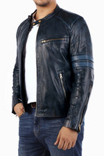 Load image into Gallery viewer, Cafe Racer Genuine Lambskin Leather Jacket-Blue
