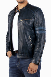 Cafe Racer Genuine Lambskin Leather Jacket-Blue