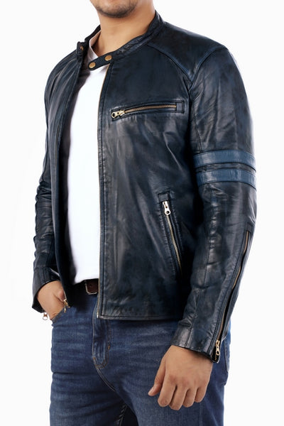 Cafe Racer Genuine Lambskin Leather Jacket Blue Jild