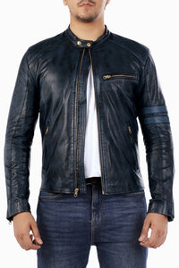 Cafe Racer Genuine Lambskin Leather Jacket-Blue