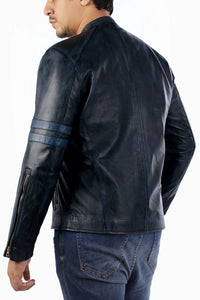 Cafe Racer Genuine Lambskin Leather Jacket-Blue