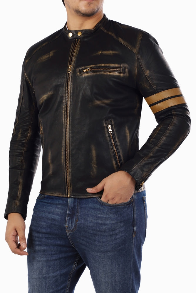 Cafe Racer Genuine Lambskin Leather Jacket-Black