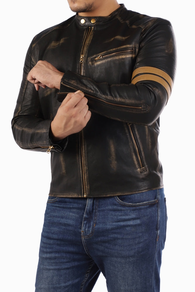 Cafe Racer Genuine Lambskin Leather Jacket-Black