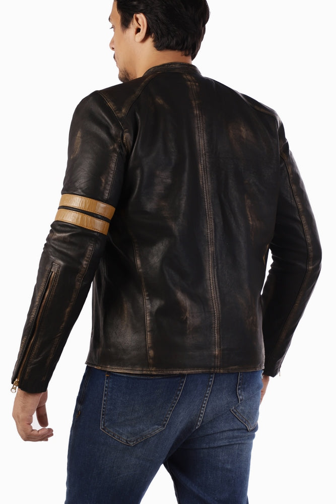 Cafe Racer Genuine Lambskin Leather Jacket-Black