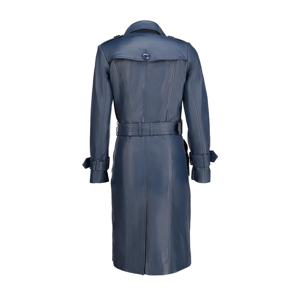 Womens Leather Long Coat-Blue