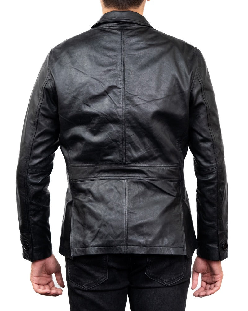2-Button Men Lambskin Leather Blazer-Black