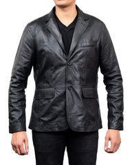 2-Button Men Lambskin Leather Blazer-Black