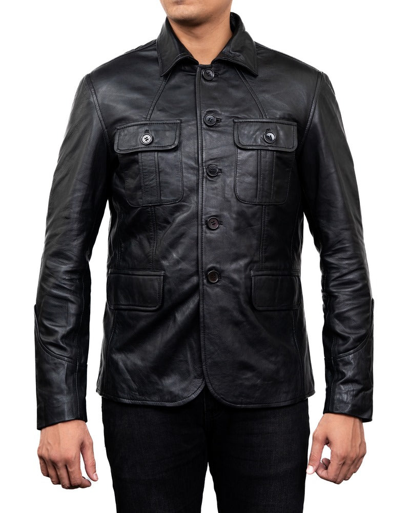 5-Button Men Lambskin Leather Blazer-Black