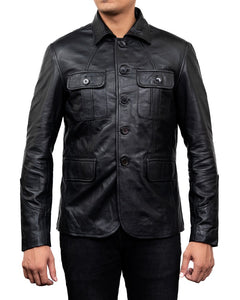 5-Button Men Lambskin Leather Blazer-Black