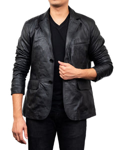 2-Button Men Lambskin Leather Blazer-Black