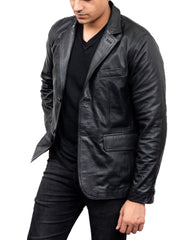 2-Button Men Lambskin Leather Blazer-Black