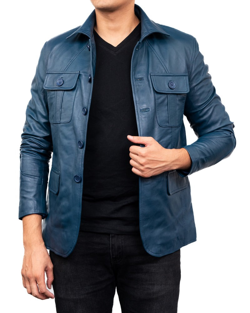 5-Button Men Lambskin Leather Blazer-Blue