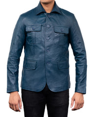 5-Button Men Lambskin Leather Blazer-Blue