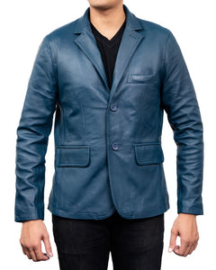 2-Button Men Lambskin Leather Blazer-Blue