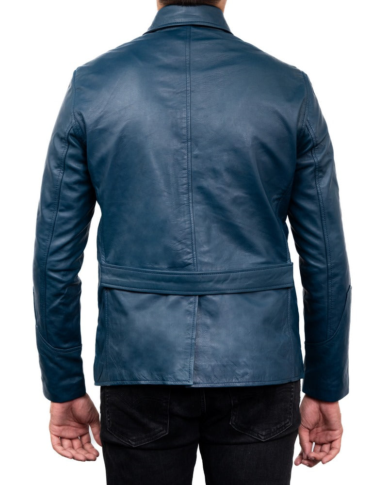 5-Button Men Lambskin Leather Blazer-Blue