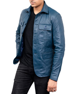 5-Button Men Lambskin Leather Blazer-Blue