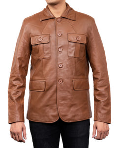 5-Button Men Lambskin Leather Blazer-Cognac