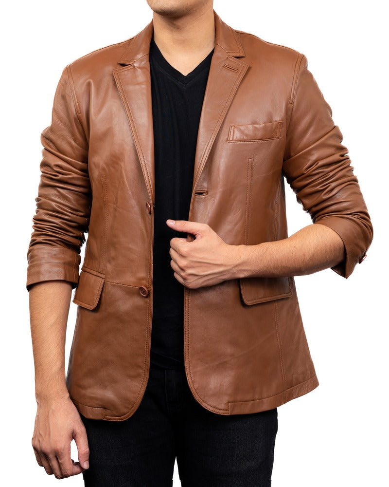 2-Button Men Lambskin Leather Blazer-Cognac