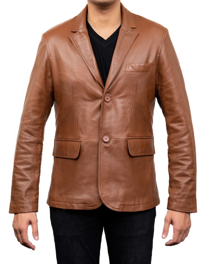 2-Button Men Lambskin Leather Blazer-Cognac