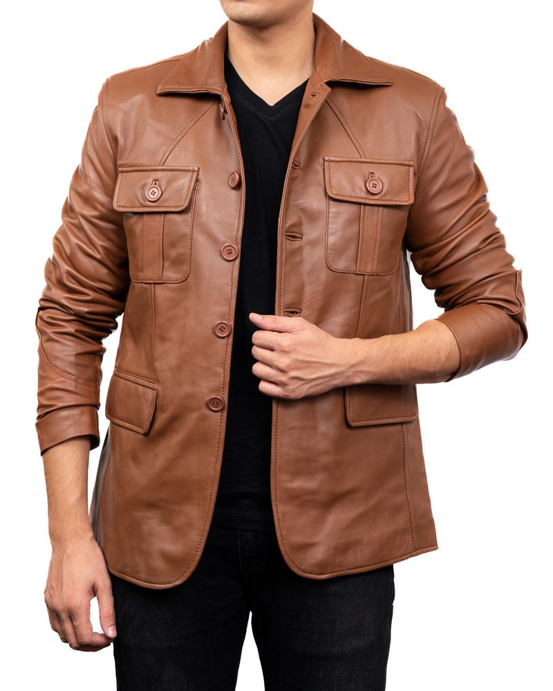 5-Button Men Lambskin Leather Blazer-Cognac