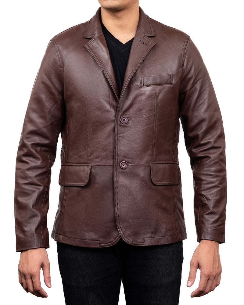 2-Button Men Lambskin Leather Blazer-Brown