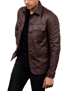 5-Button Men Lambskin Leather Blazer-Brown