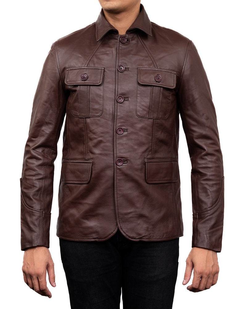 5-Button Men Lambskin Leather Blazer-Brown