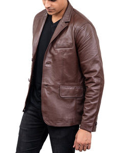 2-Button Men Lambskin Leather Blazer-Brown