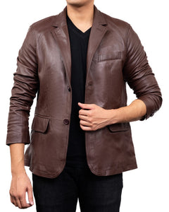 2-Button Men Lambskin Leather Blazer-Brown