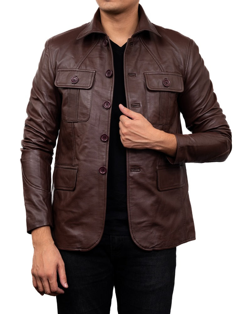 5-Button Men Lambskin Leather Blazer-Brown